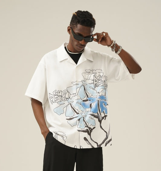 White Hook Line Smudged Flowers Short-Sleeved Trendy Loose Couple Shirt