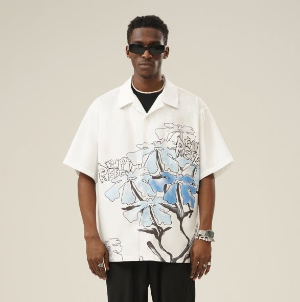 White Hook Line Smudged Flowers Short-Sleeved Trendy Loose Couple Shirt