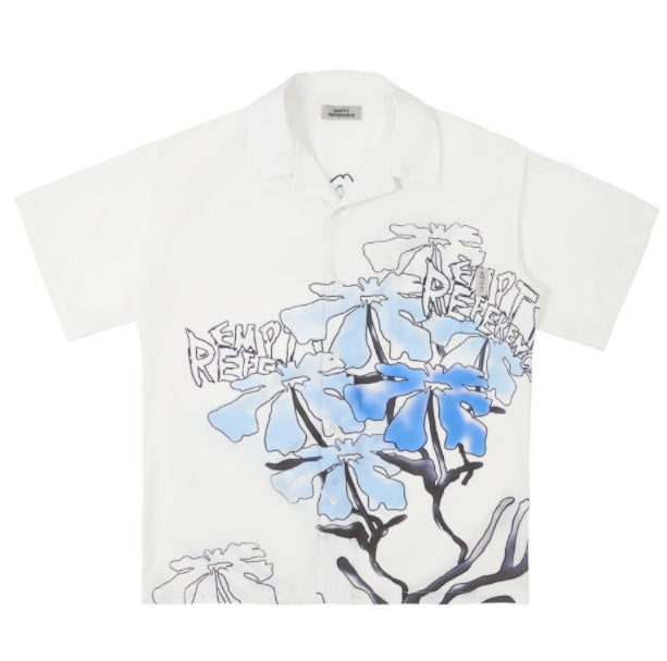 White Hook Line Smudged Flowers Short-Sleeved Trendy Loose Couple Shirt