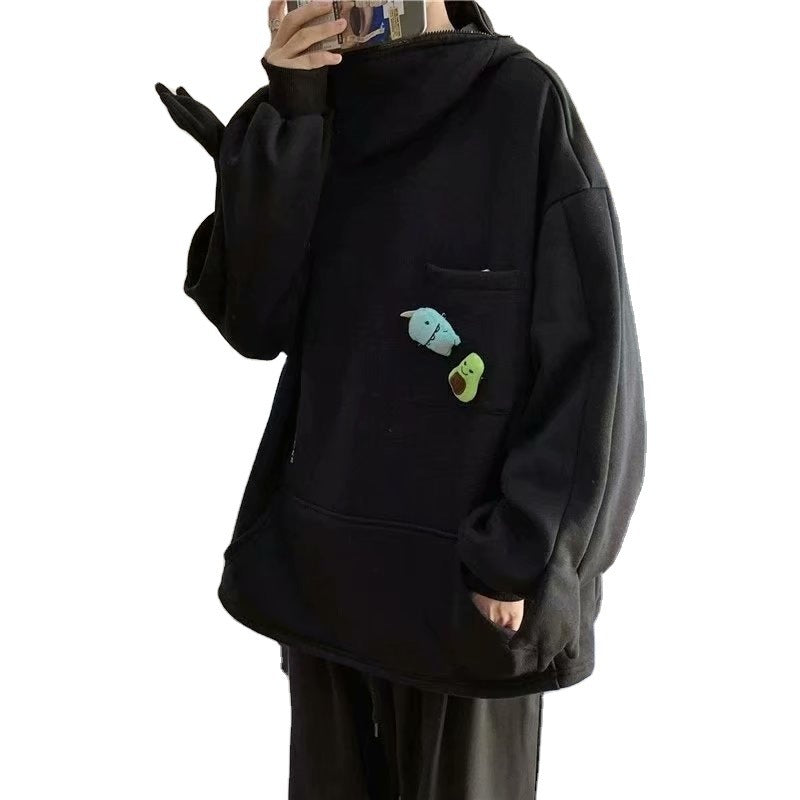 Fleece Zipper Hooded Sweater For Men And Women Harajuku Style Hedging Loose Doll Frog