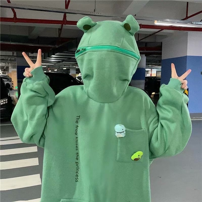 Fleece Zipper Hooded Sweater For Men And Women Harajuku Style Hedging Loose Doll Frog