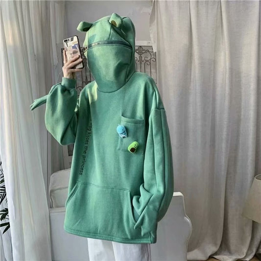 Fleece Zipper Hooded Sweater For Men And Women Harajuku Style Hedging Loose Doll Frog