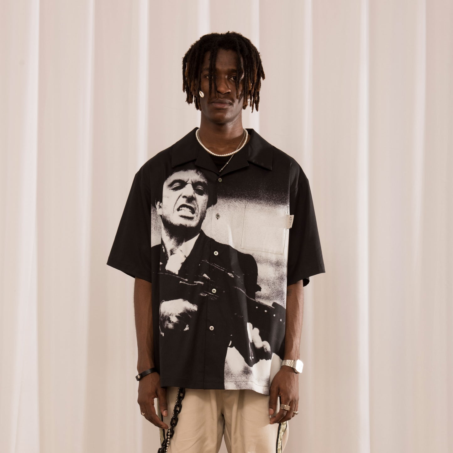 Black Full Length Print Short Sleeve Shirt With Cuban Collar