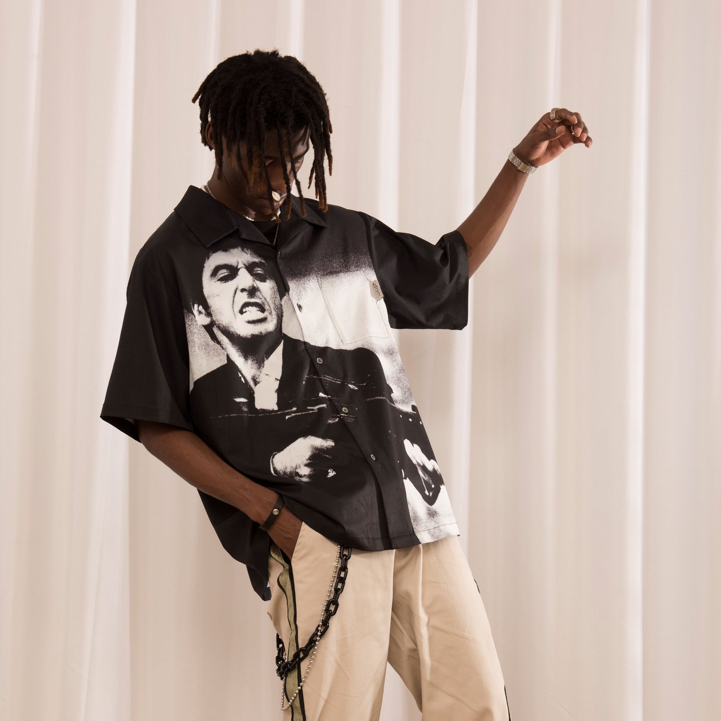 Black Full Length Print Short Sleeve Shirt With Cuban Collar