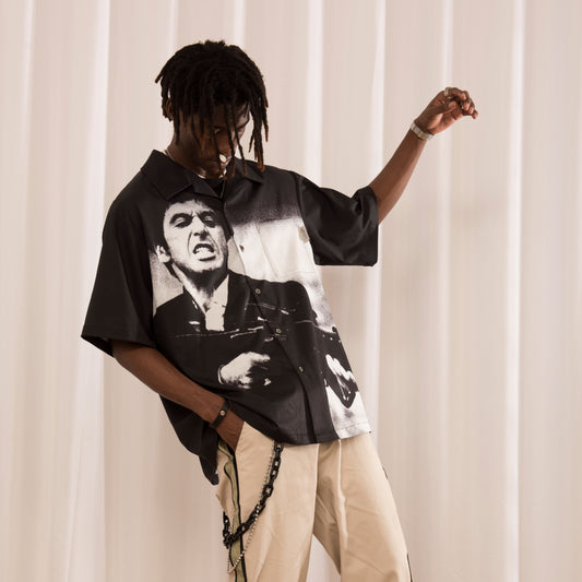 Black Full Length Print Short Sleeve Shirt With Cuban Collar