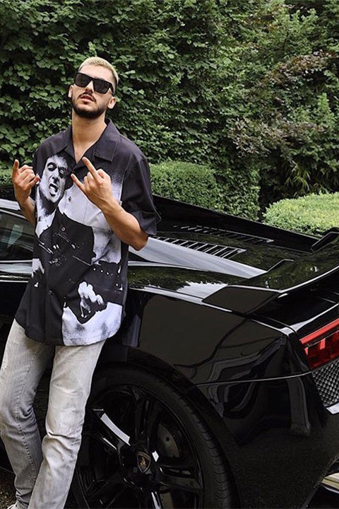 Black Full Length Print Short Sleeve Shirt With Cuban Collar