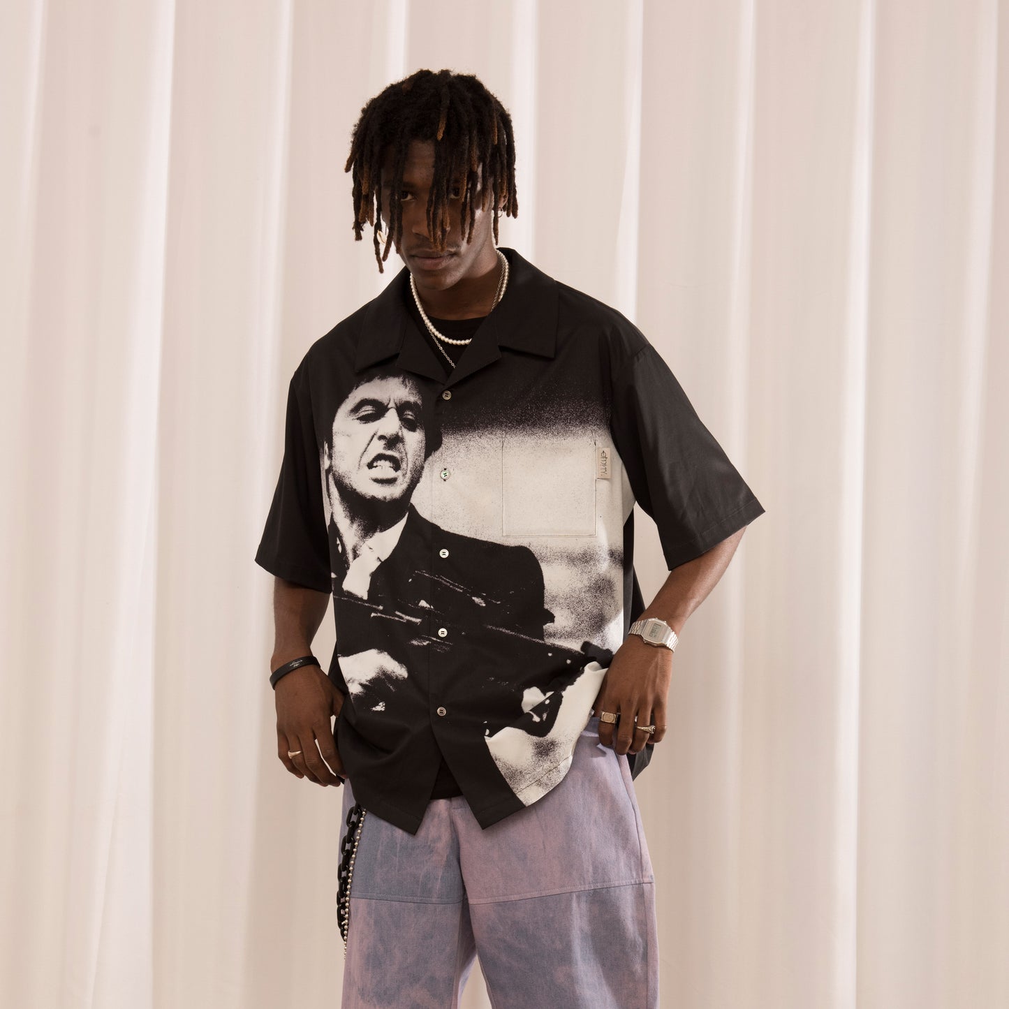 Black Full Length Print Short Sleeve Shirt With Cuban Collar