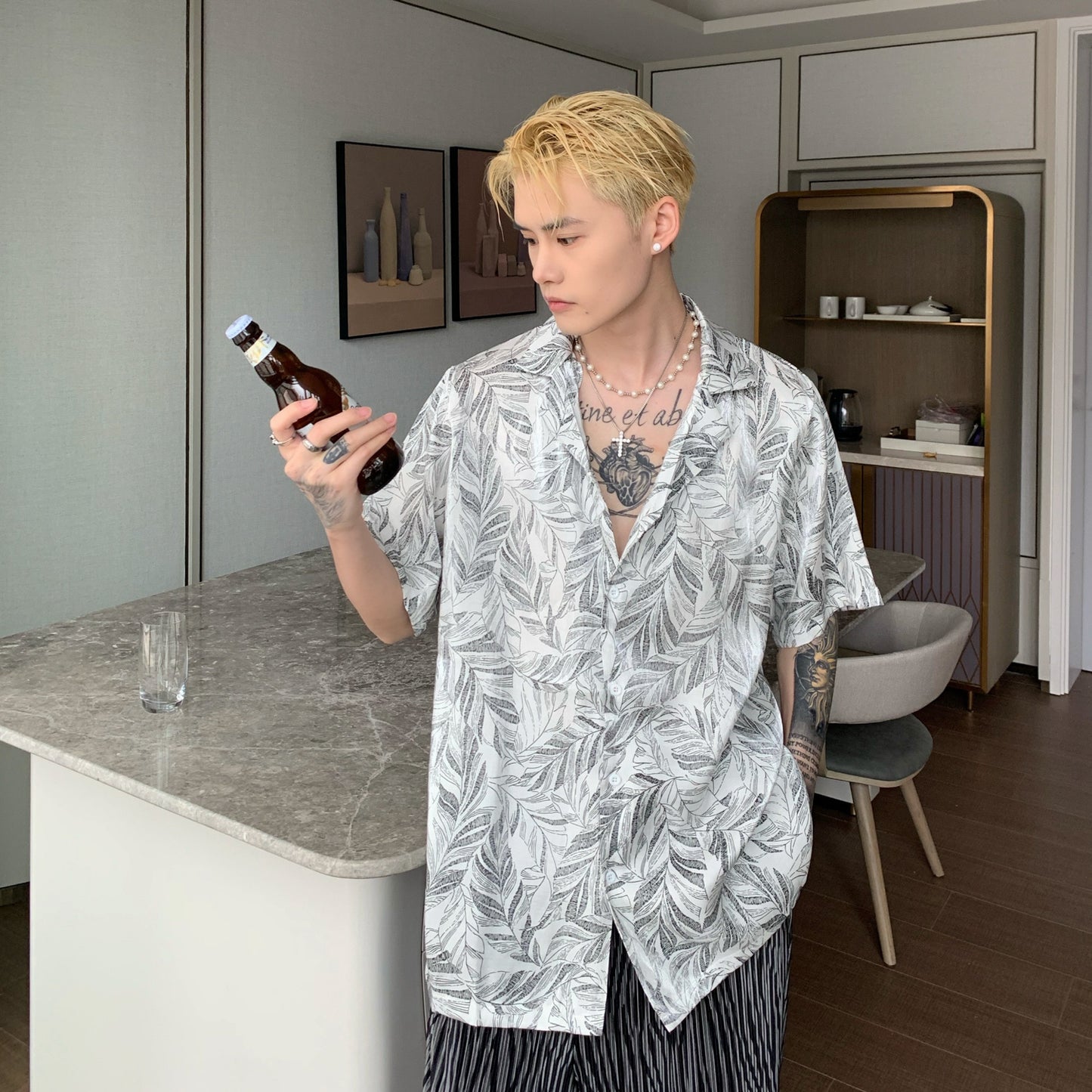 Summer Beach Hawaiian Casual Shirt Men's Leaf Design Bright Silk Flower Shirt