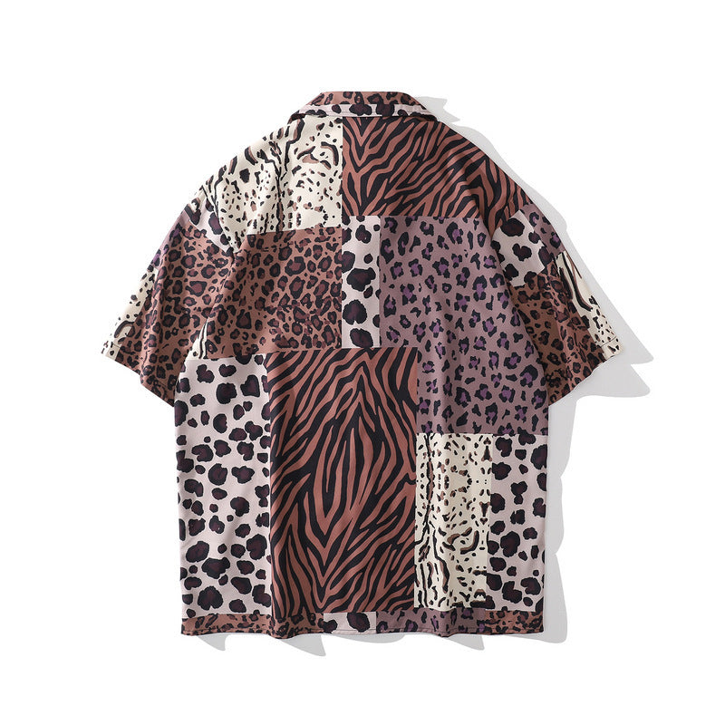 Harajuku Retro Leopard Print Stitching Full-Print Short-Sleeved Shirt Tide Brand High Street Casual Loose Hip-Hop Half-Sleeved Shirt