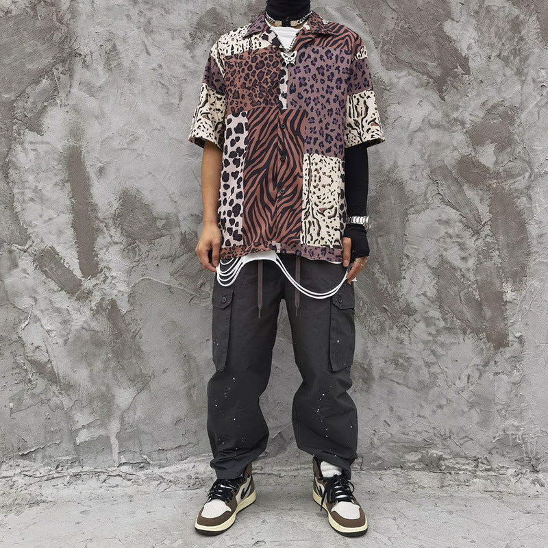 Harajuku Retro Leopard Print Stitching Full-Print Short-Sleeved Shirt Tide Brand High Street Casual Loose Hip-Hop Half-Sleeved Shirt