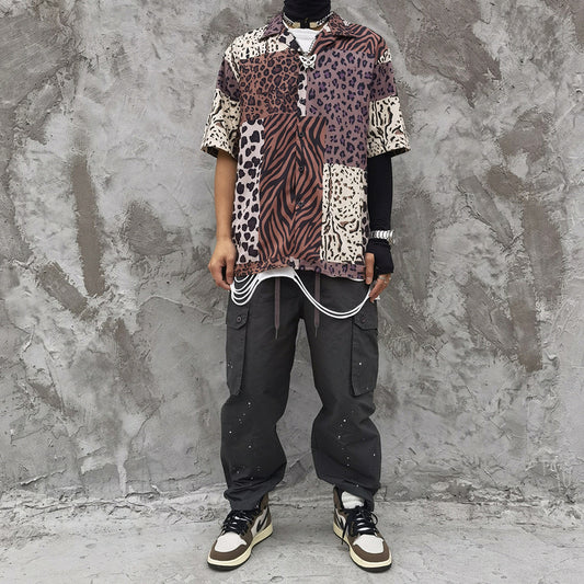 Harajuku Retro Leopard Print Stitching Full-Print Short-Sleeved Shirt Tide Brand High Street Casual Loose Hip-Hop Half-Sleeved Shirt
