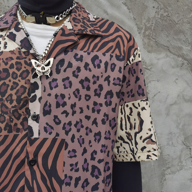 Harajuku Retro Leopard Print Stitching Full-Print Short-Sleeved Shirt Tide Brand High Street Casual Loose Hip-Hop Half-Sleeved Shirt