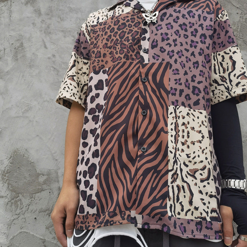 Harajuku Retro Leopard Print Stitching Full-Print Short-Sleeved Shirt Tide Brand High Street Casual Loose Hip-Hop Half-Sleeved Shirt
