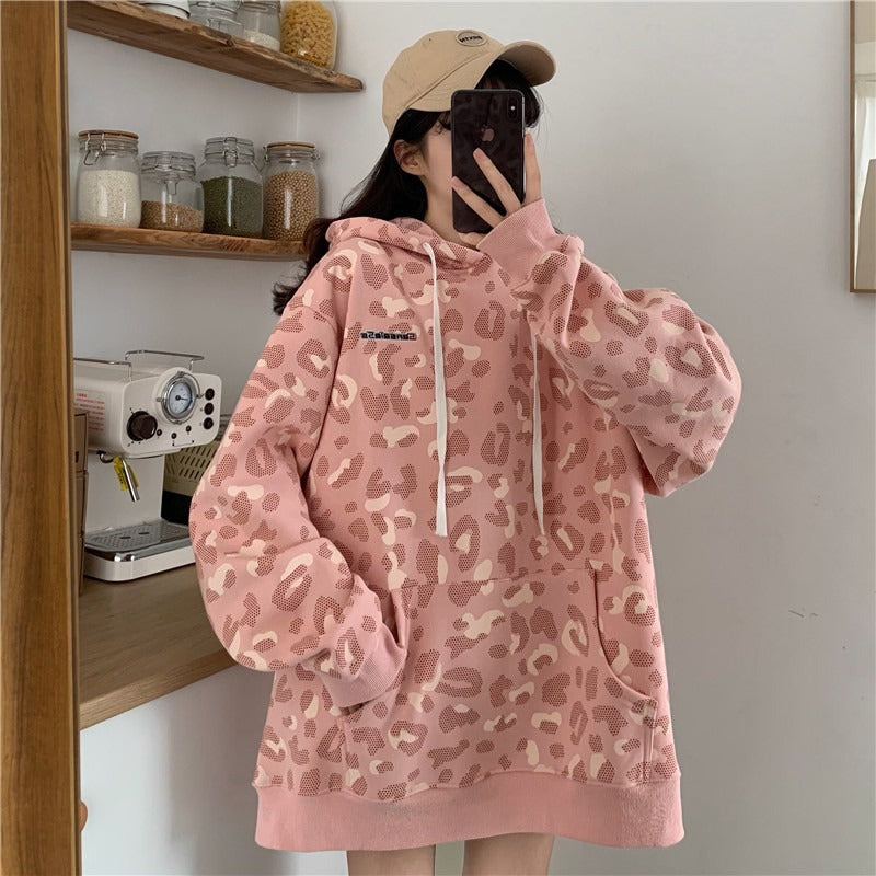 Pull à imprimé léopard style Fried Street Loose Couple Plus Sweat à capuche rembourré en velours