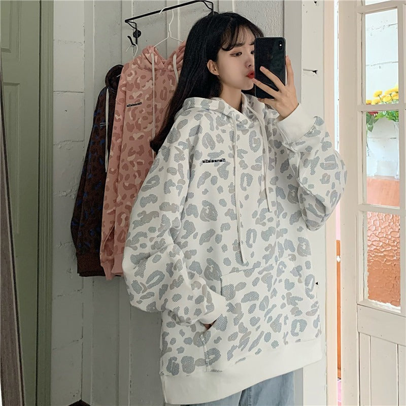 Pull à imprimé léopard style Fried Street Loose Couple Plus Sweat à capuche rembourré en velours