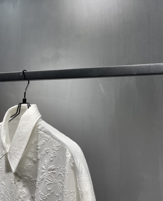 White Jacquard Flower Shirt Refreshing Cool Breathable Black Elastic Short Sleeve Wide Version Loose Version For Men And Women Couples