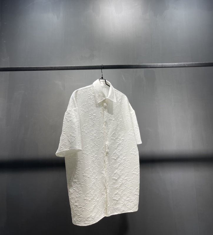 White Jacquard Flower Shirt Refreshing Cool Breathable Black Elastic Short Sleeve Wide Version Loose Version For Men And Women Couples