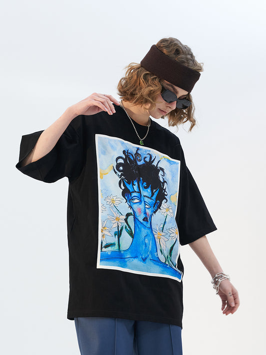 Blue Melancholic Portrait Satin Patch Short-sleeved Oversize Loose Casual Trendy T-shirt