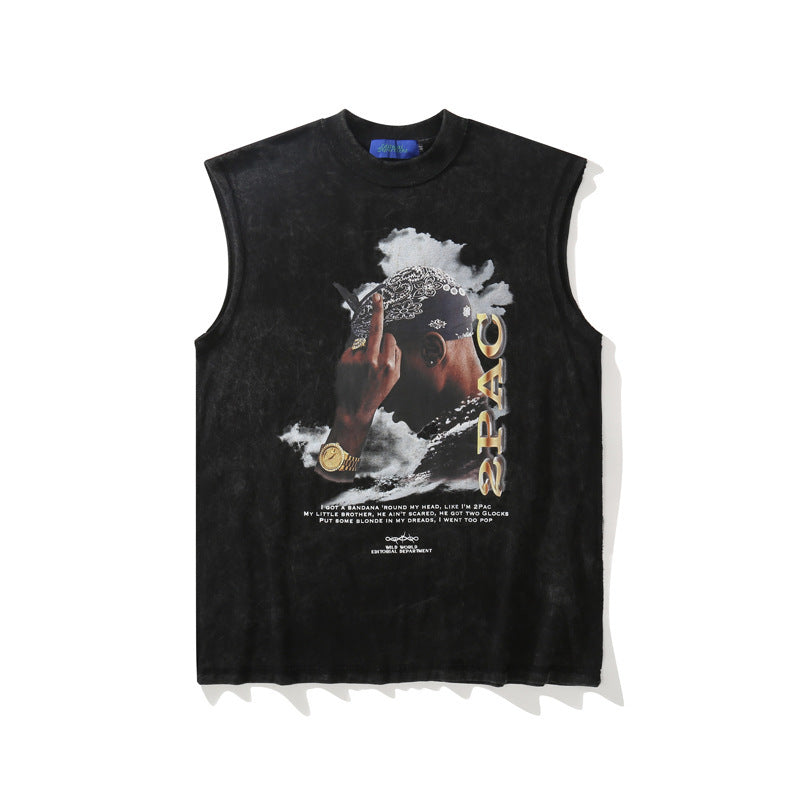 Hip-hop Character Print Hiphop Vest Men's Washed And Worn Vest Sleeveless T-shirt