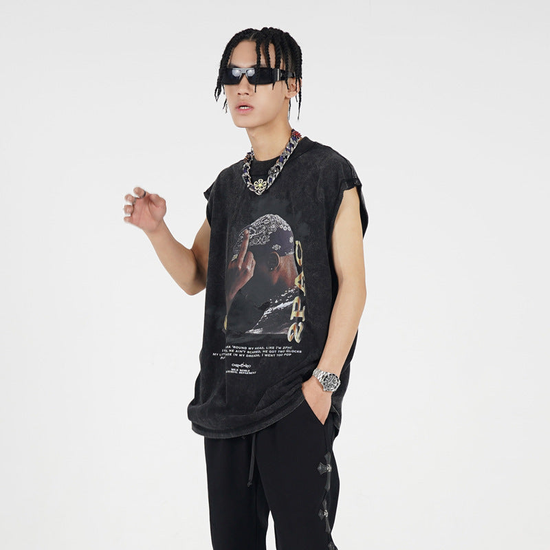 Hip-hop Character Print Hiphop Vest Men's Washed And Worn Vest Sleeveless T-shirt