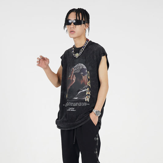 Hip-hop Character Print Hiphop Vest Men's Washed And Worn Vest Sleeveless T-shirt