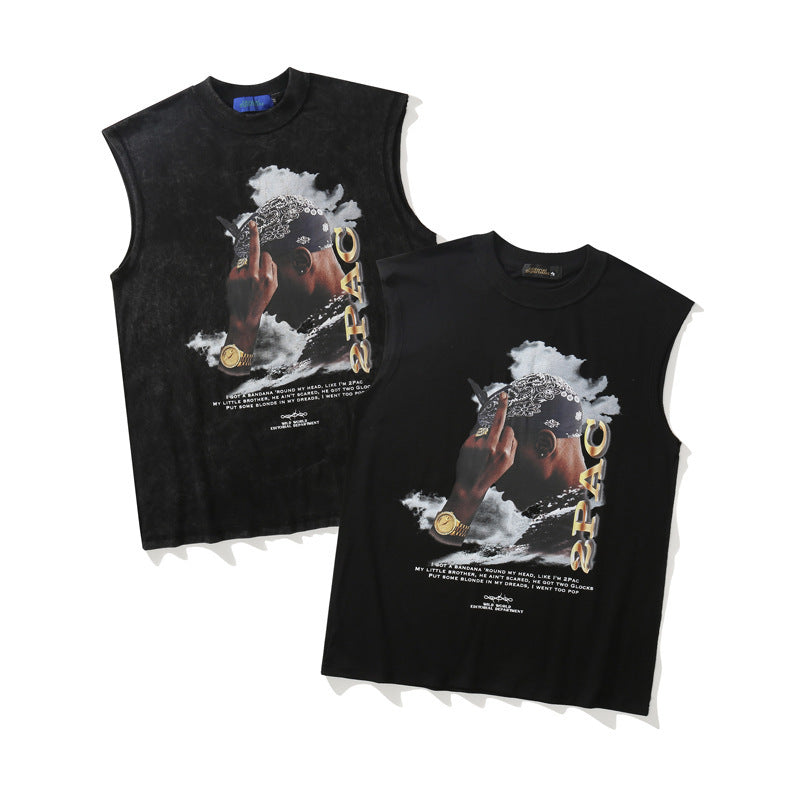 Hip-hop Character Print Hiphop Vest Men's Washed And Worn Vest Sleeveless T-shirt