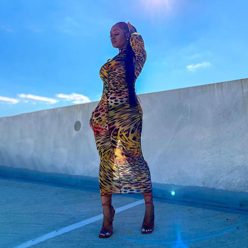 Round Neck Long Sleeve Fashion Slim Printed Mid-length Dress Women