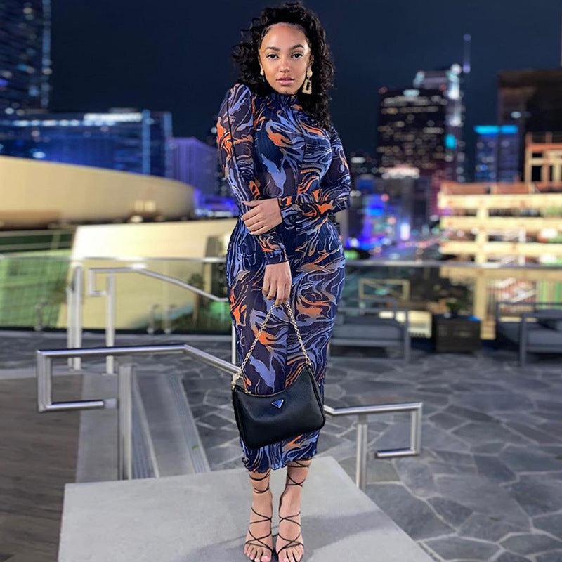 Round Neck Long Sleeve Fashion Slim Printed Mid-length Dress Women