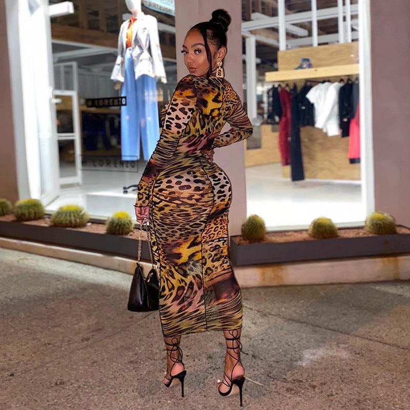 Round Neck Long Sleeve Fashion Slim Printed Mid-length Dress Women