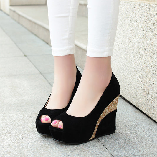 Spring Style Platform Wedge Daily Pumps Shoes Fashion Ladies Peep Toe Mixed Color Suede Party High Heel Shoe