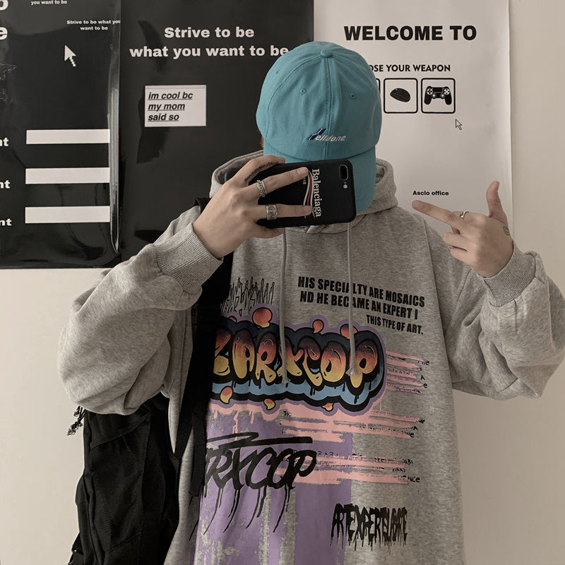 Trendy Retro Hip-hop Graffiti Letters Printed Hooded Plus Velvet Sweatshirt