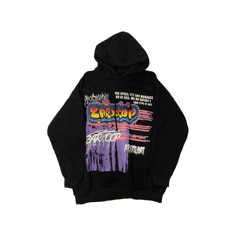 Trendy Retro Hip-hop Graffiti Letters Printed Hooded Plus Velvet Sweatshirt