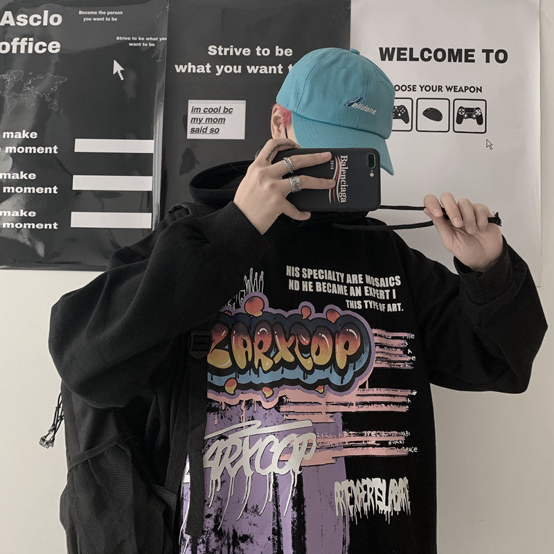 Trendy Retro Hip-hop Graffiti Letters Printed Hooded Plus Velvet Sweatshirt