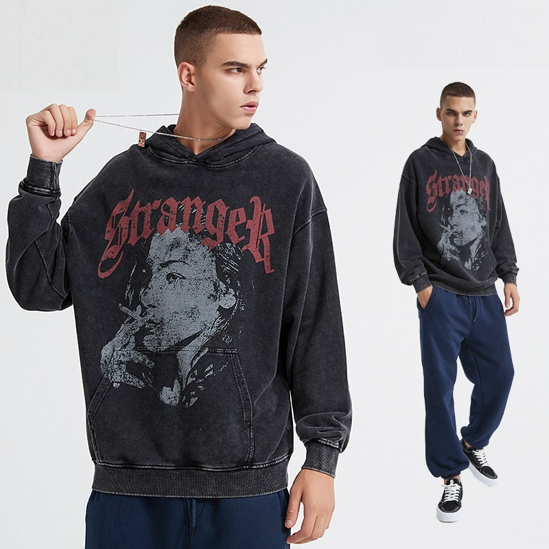 Snowflake Frayed Pullover Cotton Print Hoodie