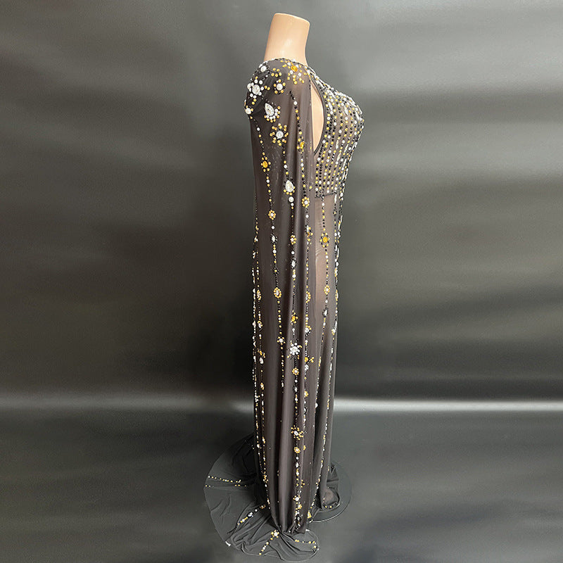 Nouvelle robe à manches longues en diamant brillant noir pour femme, robe de soirée sexy