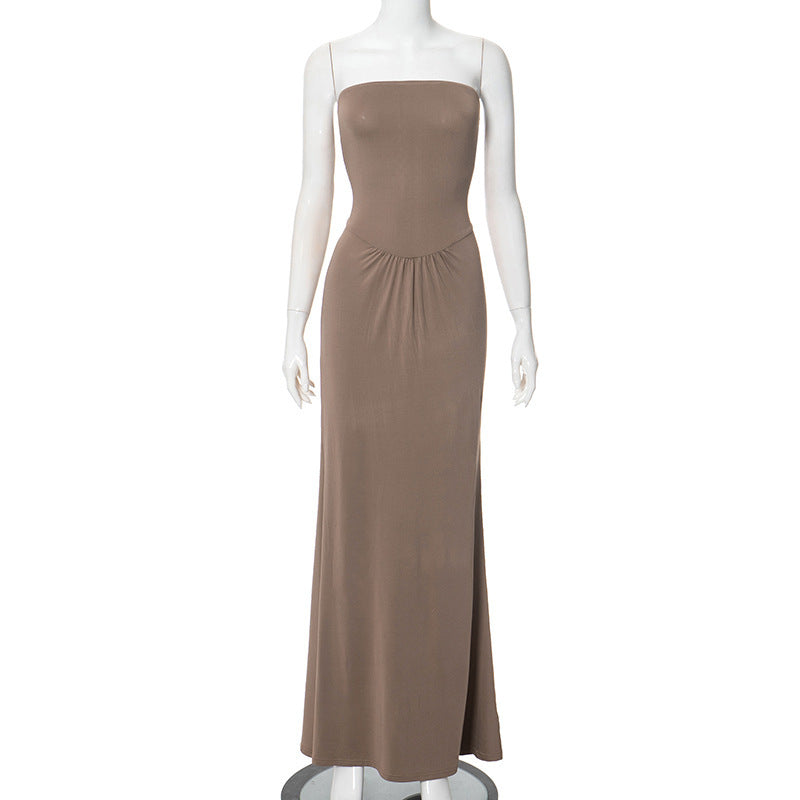 Robe longue plissée taille haute couleur unie