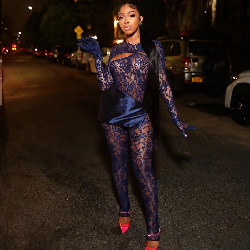 New Fashion Cut-out Slim Round Neck Long-sleeved Jumpsuit