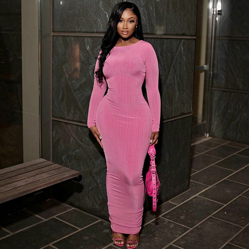 Style Fashion Solid Color Slim Fit Round Neck Long Sleeves Dress