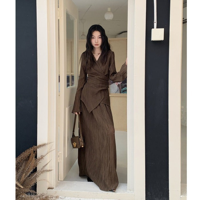 Cardigan plissé à col haut, jupe ample taille haute, coupe ajustée, costume amincissant, automne