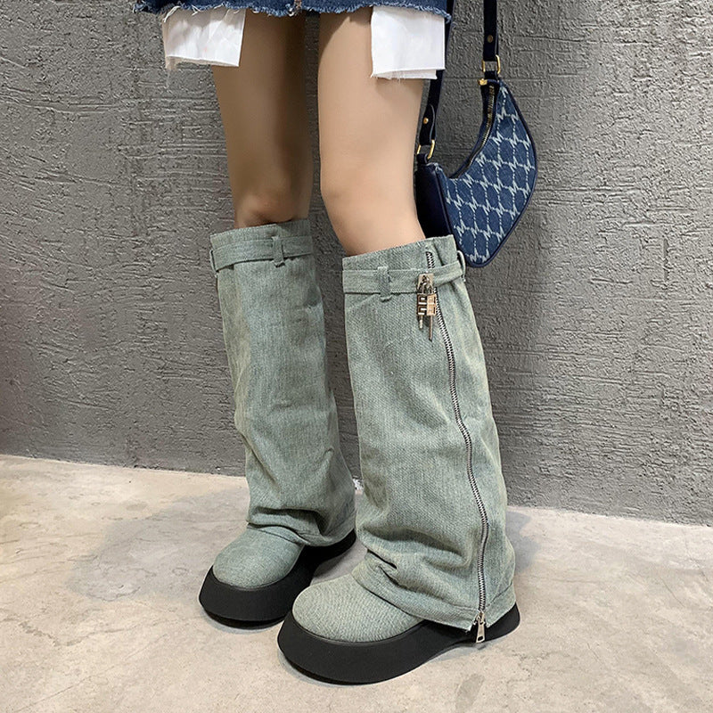 French-style Platform Denim Boots