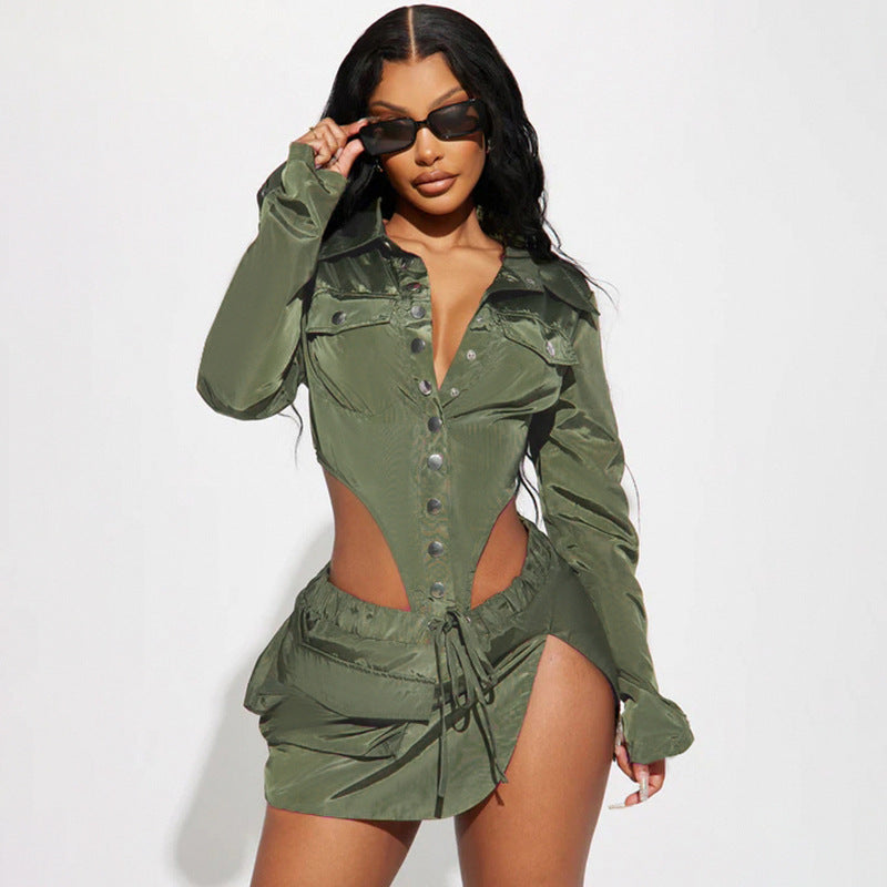 Glossy Woven Shirt Collar Single-breasted Long Sleeve Jumpsuit Two-piece Overskirt Suit