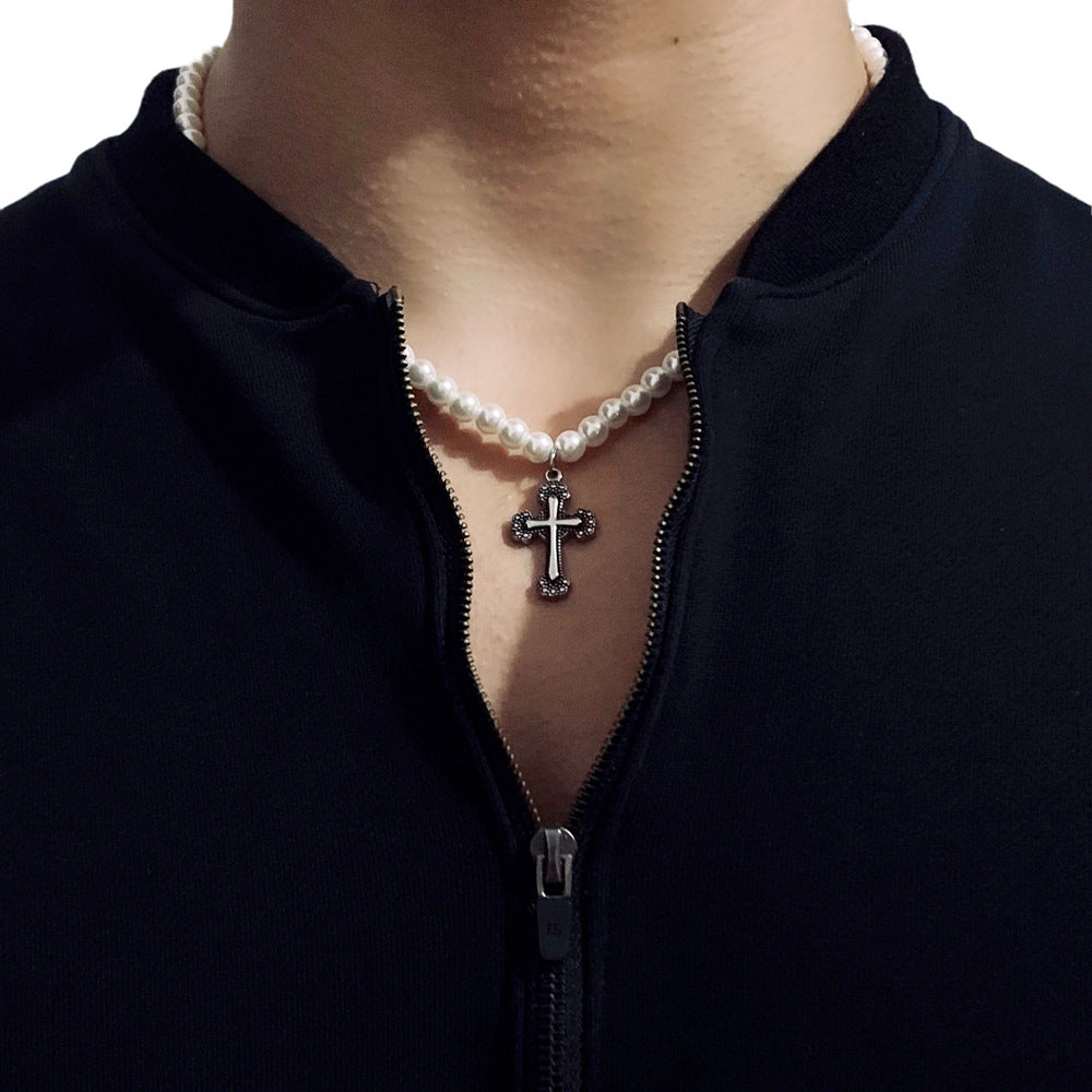 Collier de perles en croix pour hommes et femmes, tendance, léger et luxueux