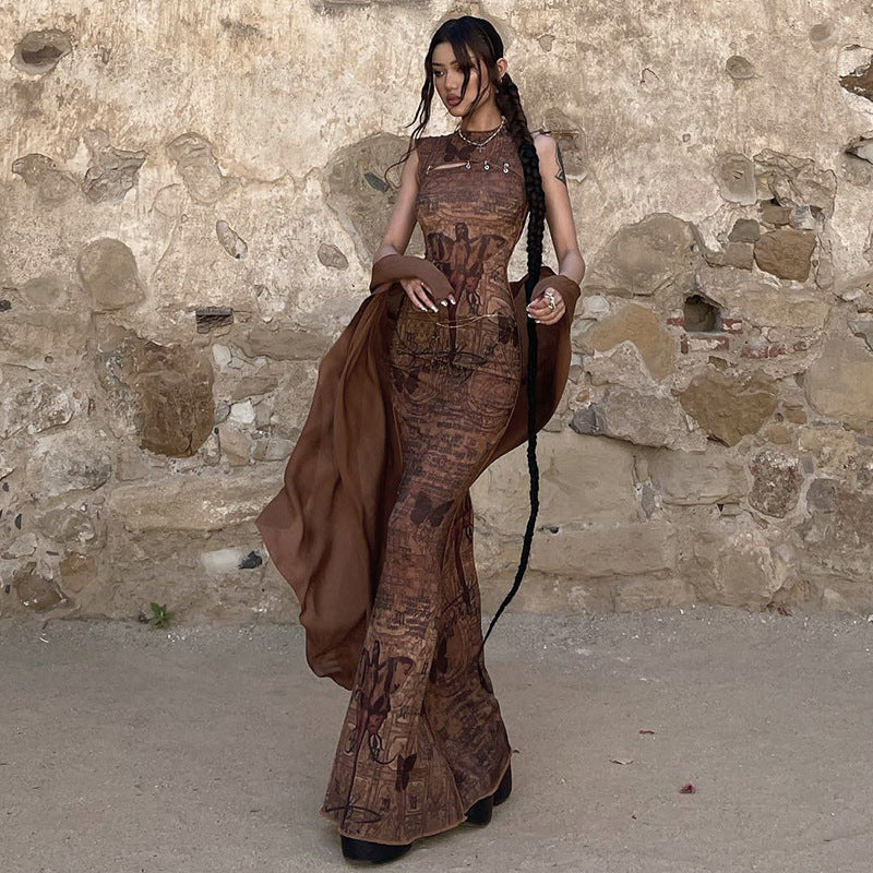 Round Neck Pullover Sleeveless Printed Hollow Dress Women