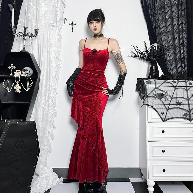 Autumn New Fashion Elegant Slim-fit Rose Strap Fishtail Dress