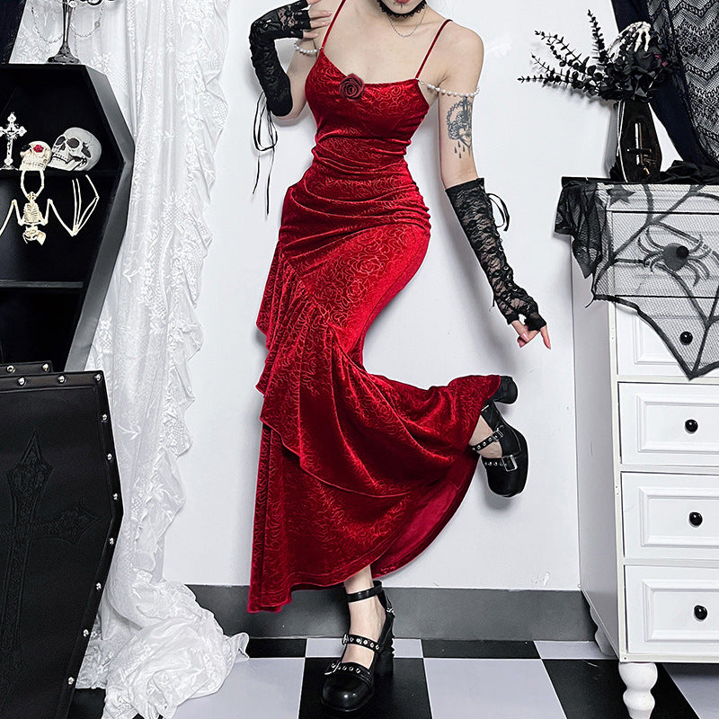Autumn New Fashion Elegant Slim-fit Rose Strap Fishtail Dress