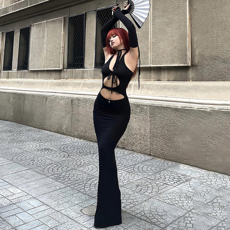 Halter Sexy Backless Lace Up Long Sleeve Dress