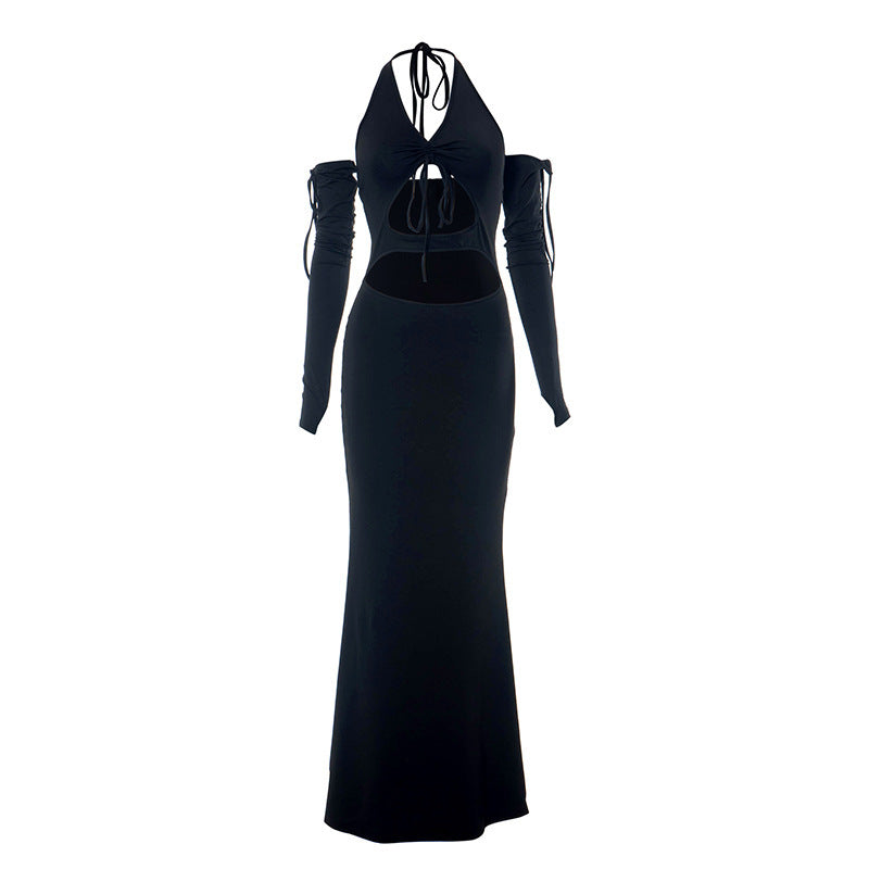 Halter Sexy Backless Lace Up Long Sleeve Dress