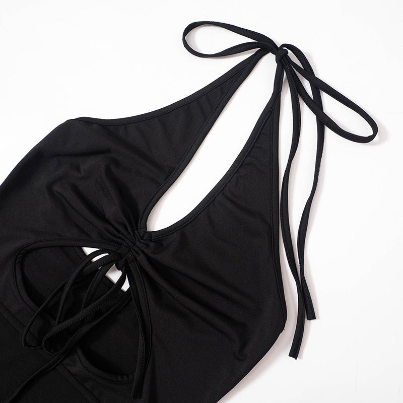 Halter Sexy Backless Lace Up Long Sleeve Dress