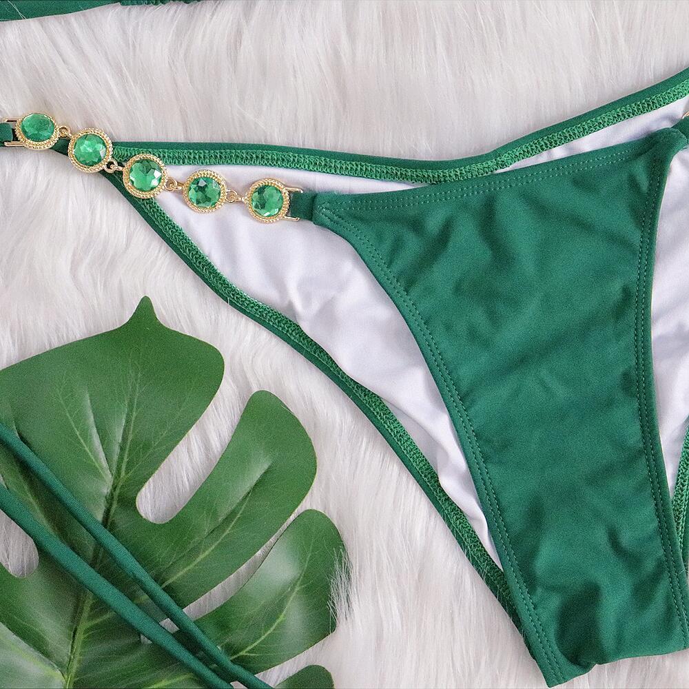 Green Diamond Split Swimsuit Plain Beach Retro Sexy Bikini