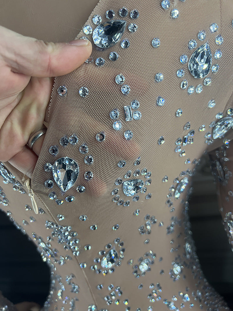 Combinaison transparente à découpes et strass pour soirée, boîte de nuit, bar